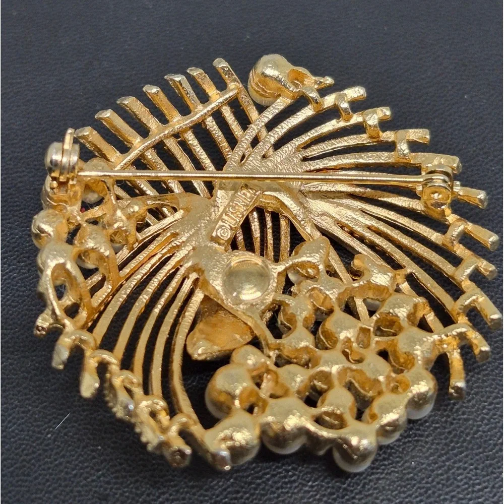 Vintage Lisner Brooch Woman Gold Faux Pearl Rhinestone Sunburst Spray Pin READ